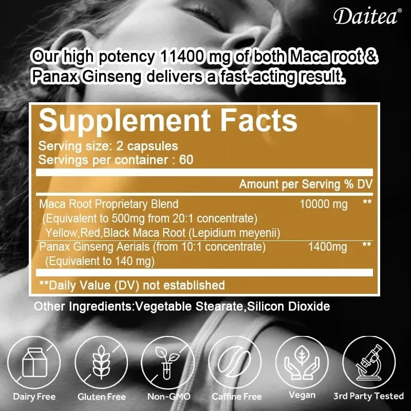 Vegan 11400mg (Yellow+Red+Black) Maca & Ginseng Root Extract - Muscle Energy & Strength Supplement - 120 Capsules