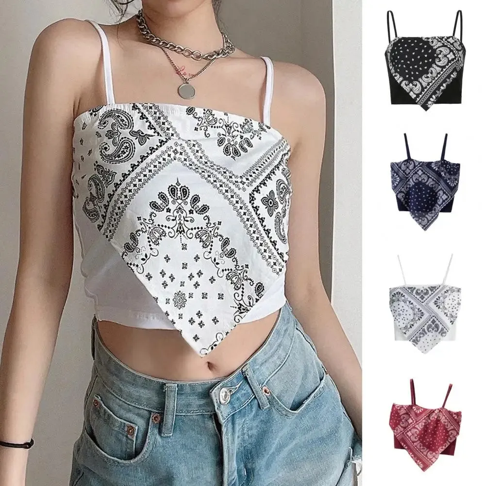 Summer Sling Vest Square Collar Sleeveless Retro Printing Camisole Slim Fit Tank Top Women Cami