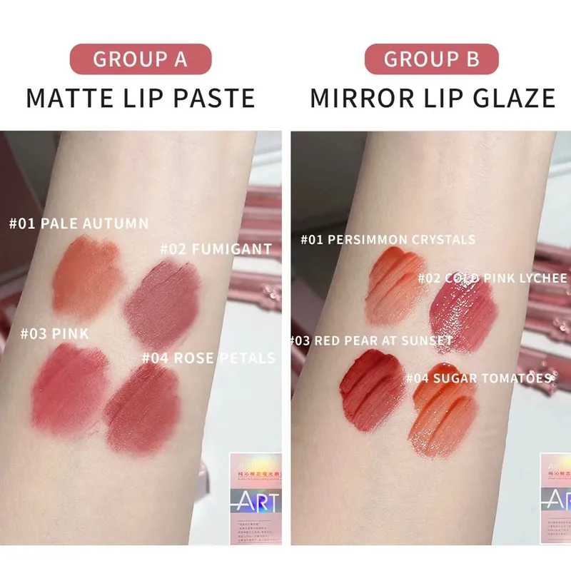 ART VALUE 4Pcs Lipgloss Liquid Lipstick Lasting Moisturizing Makeup Mirror Lip Glaze Set With Necklace Lip Tint Beauty Makeup