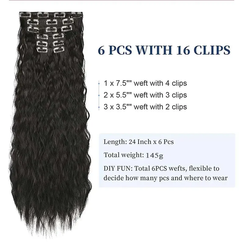 Long Curl Wave Clip In Hair Extensions 6Pcs/Set 16 Clips High Tempreture Synthetic Hairpiece Clip In Hair Extensions 24Inch — image 4