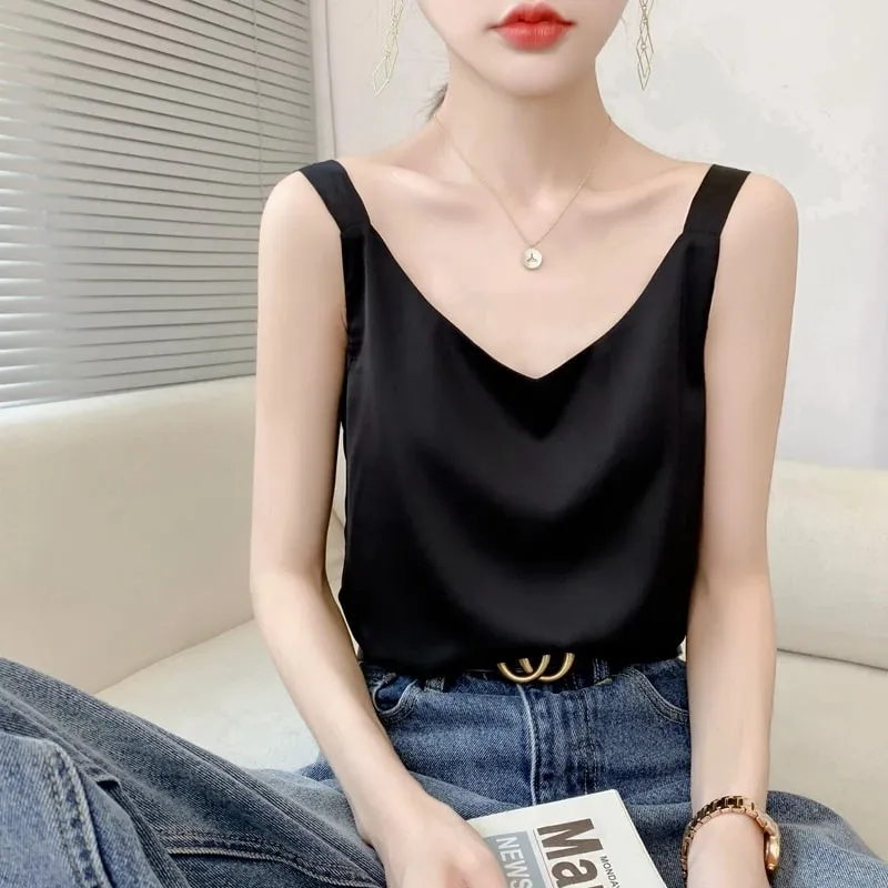 Silk Camisole Ladies Summer Suit Inside V-Neck Satin Bottoming Vest 2025 Thin Loose Sleeveless Sling Silk Tops Small Shirt Trend — image 10
