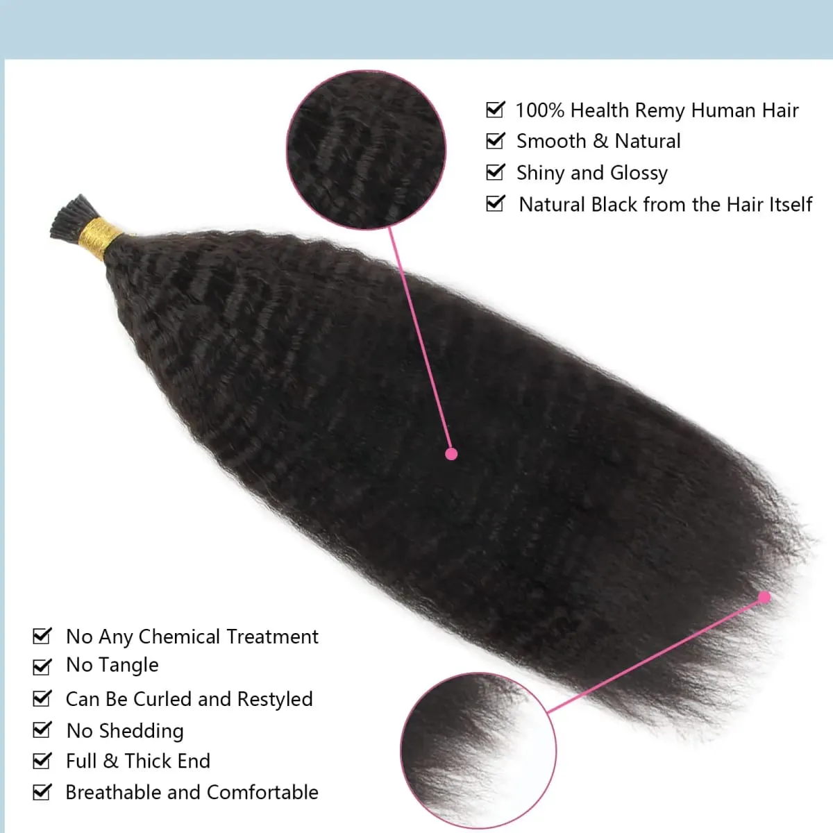 I-Tip-Haarverlängerung, verworrenes glattes Echthaar #1B, vorgebunden, Remy-Micro-Links, Echthaarverlängerung, natürliches Schwarz, 1 g/Strähne — image 3