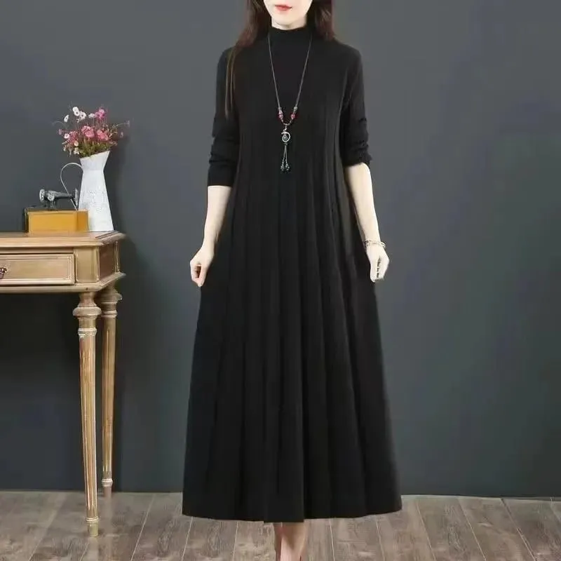 Autumn/Winter Women Knitted Dress 2025 New Solid Loose Pullover Half High Collar Long Knitted Sweater Dress Female High-Quality — image 5
