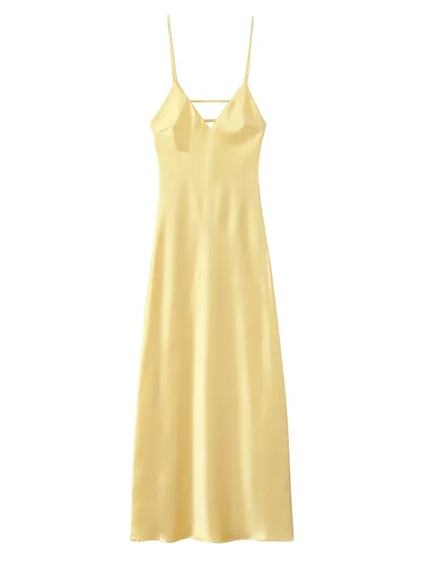 Vestido sexi de satén amarillo con encaje y retales, vestido femenino con tirantes finos, sin mangas, cuello en V, corte al bies, bata de fiesta nocturna de verano 2026 — image 13