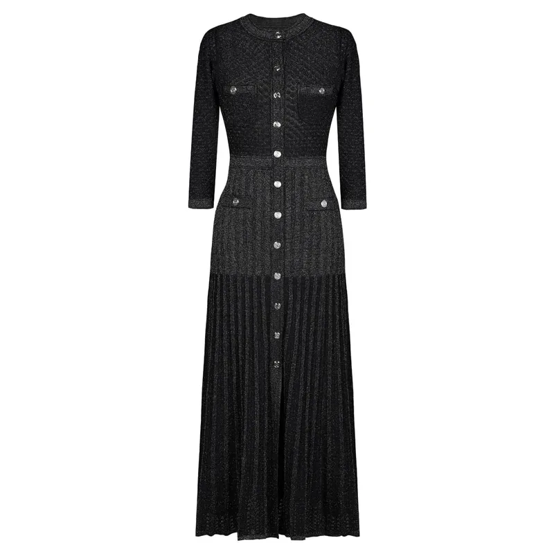 High Quality Fashionable Elastic Bright Silk Knitted Round Neck 7-inch Sleeve Single Row Button Lace Slim Fit Women's Dress — image 2