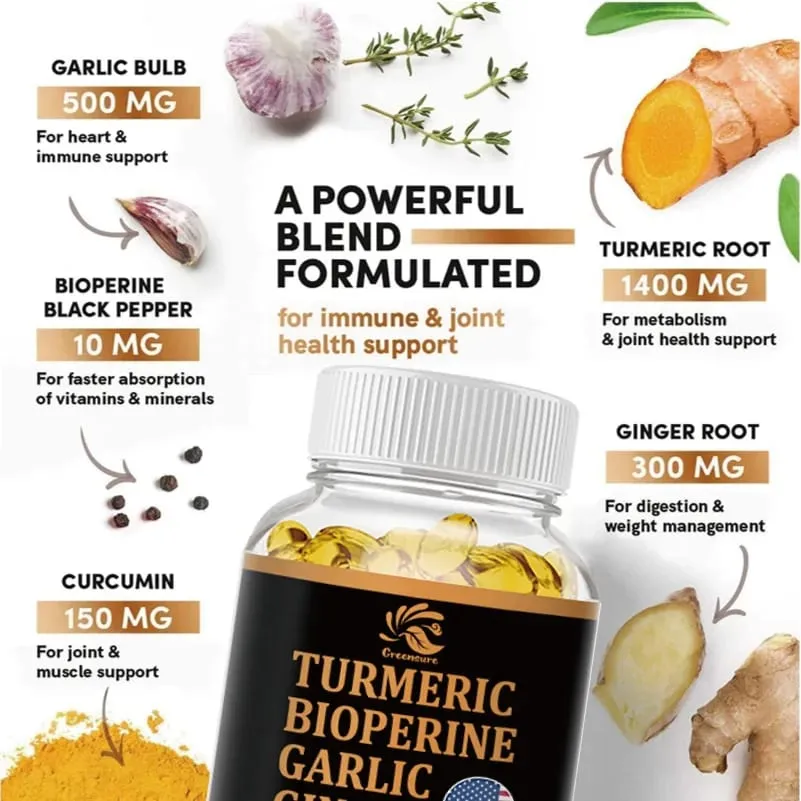 Curcumin Ginger Root Garlic Pills Black Pepper Supplements - for Joint Digestion & Immune Support