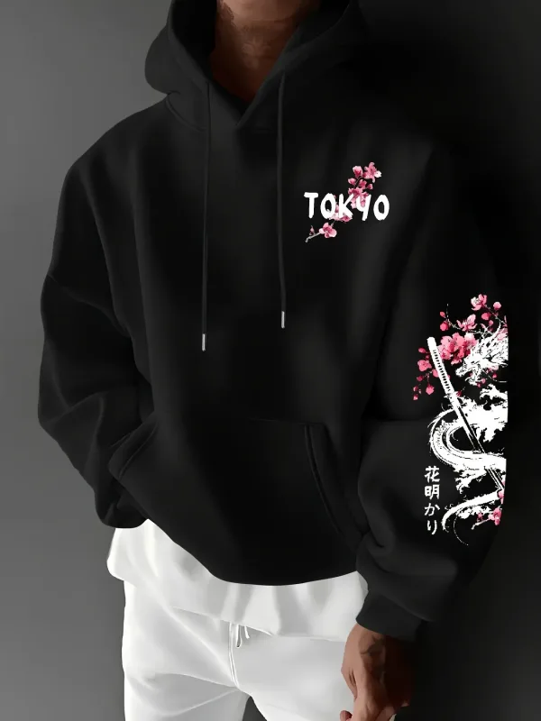 Felpa con cappuccio stampata con stampa Dragon Cherry Blossom da uomo in pile invernale caldo casual con cappuccio dal design ispirato al comfort di strada