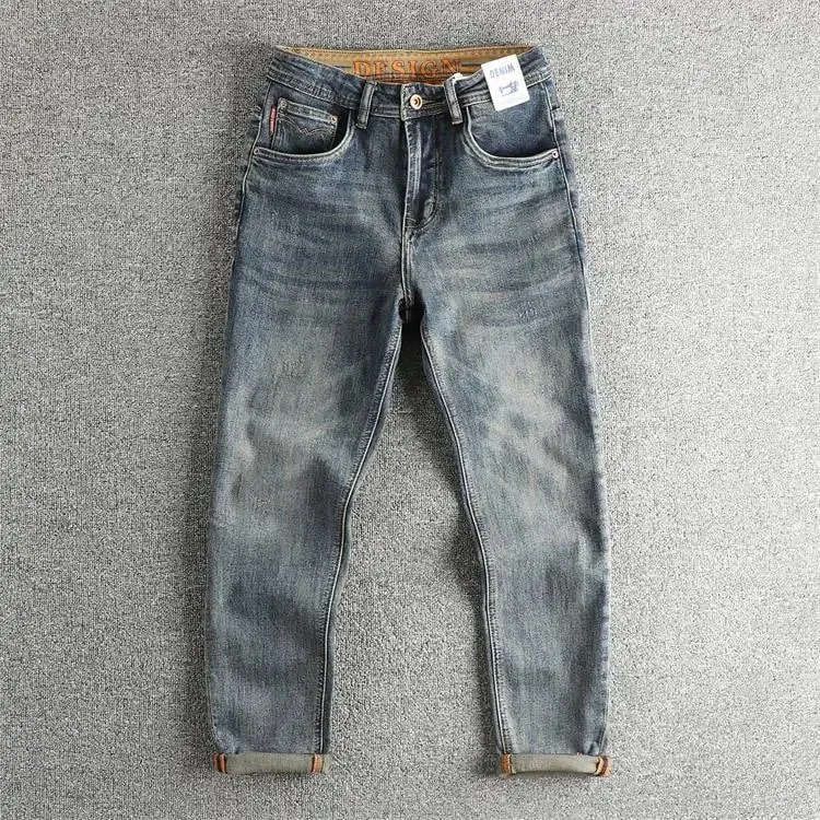 Retro blue wash-fried cat whisker jeans men's high-end custom fabric American fashion brand youth nine-point pants — image 9