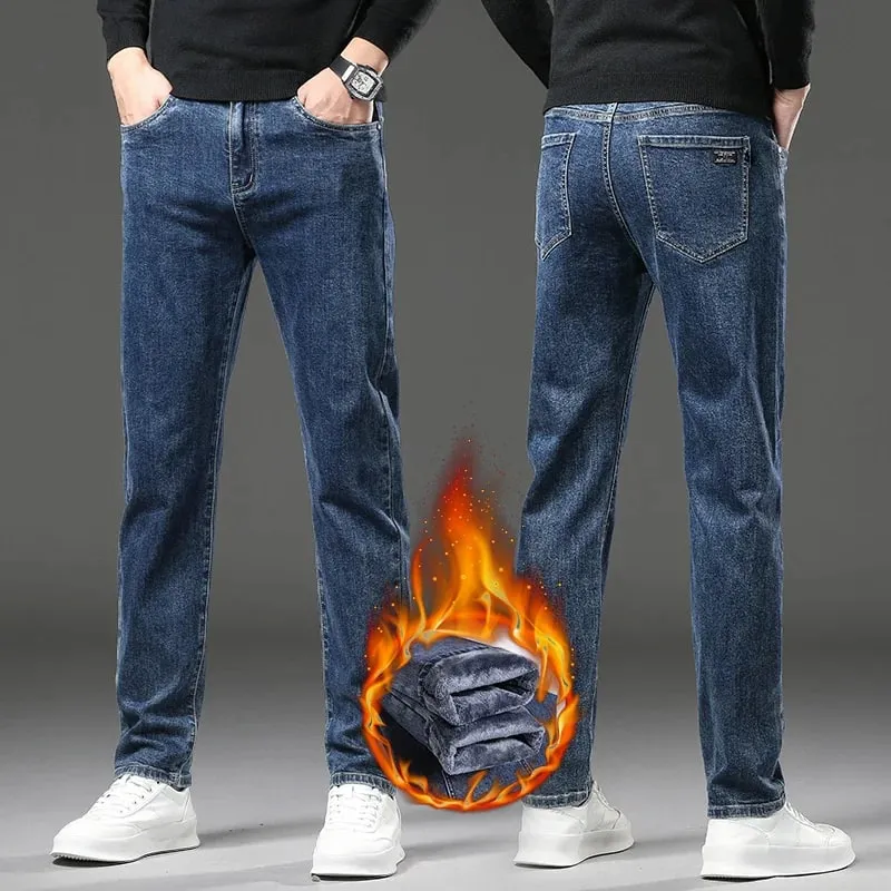 Winter Fleece Thick Warm Jeans Men's Slim Straight Elastic Denim Pants Casual Male Clothing Fashion Plush Trousers — image 3