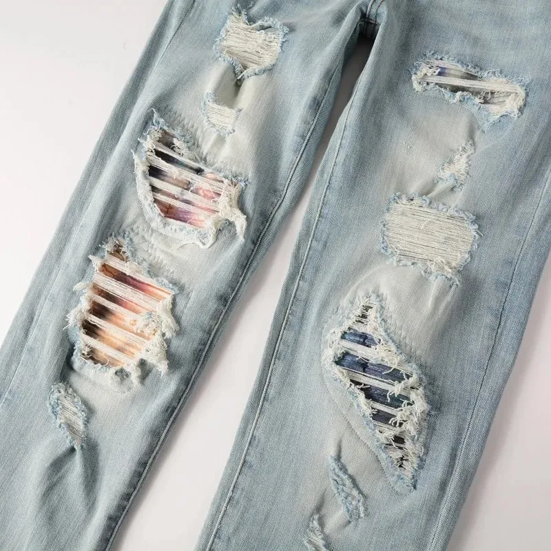 Men Cracked Patch Stretch Denim Jeans Holes Ripped Patchwork Pants Streetwear Light Blue Skinny Tapered Trousers — image 3