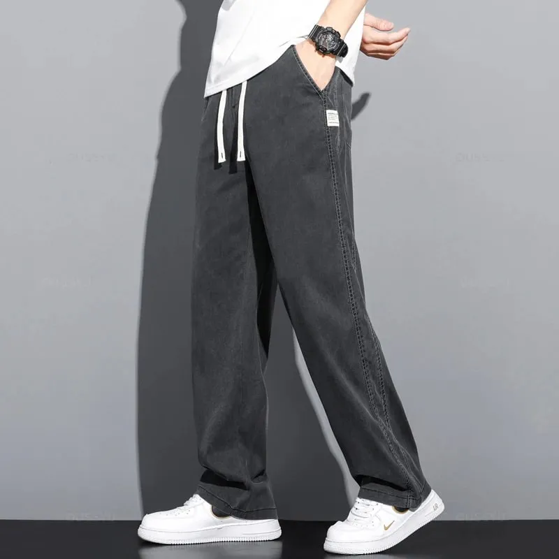 Summer Thin Soft Lyocell Fabric Jeans Men Loose Straight Wide Leg Pants Drawstring Elastic Waist Casual Trousers Plus Size M-5XL — image 6