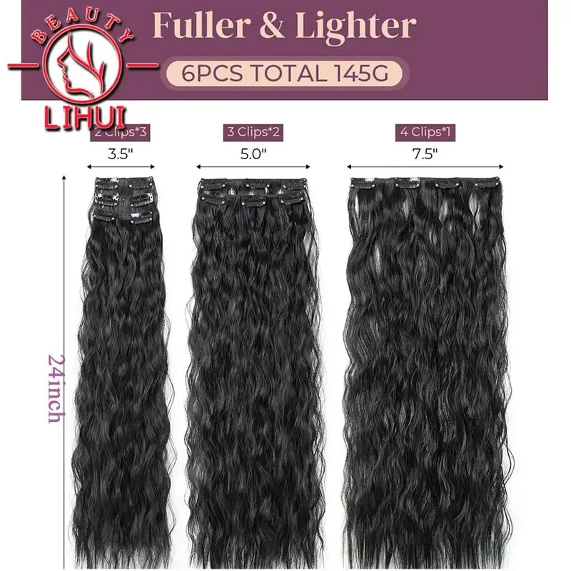 Long Curl Wave Clip In Hair Extensions 6Pcs/Set 16 Clips High Tempreture Synthetic Hairpiece Clip In Hair Extensions 24Inch — image 5