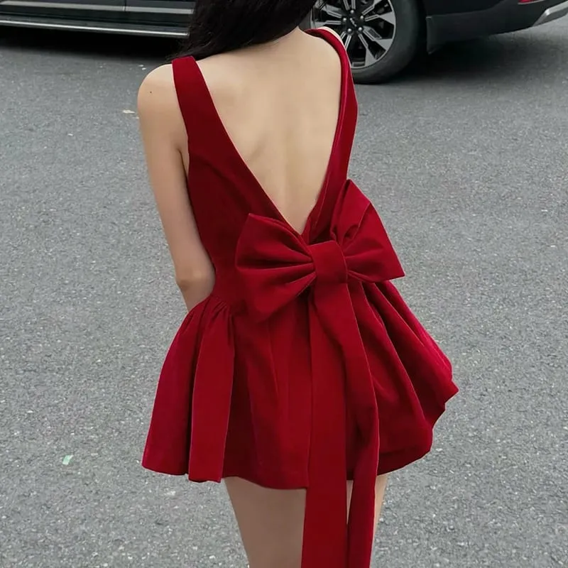 Fashion Red Bowknot Mini Dress Straps Square Collar Sleeveless Backless Vintage Cute Ladies Slim Party Short A-line Dresses — image 1