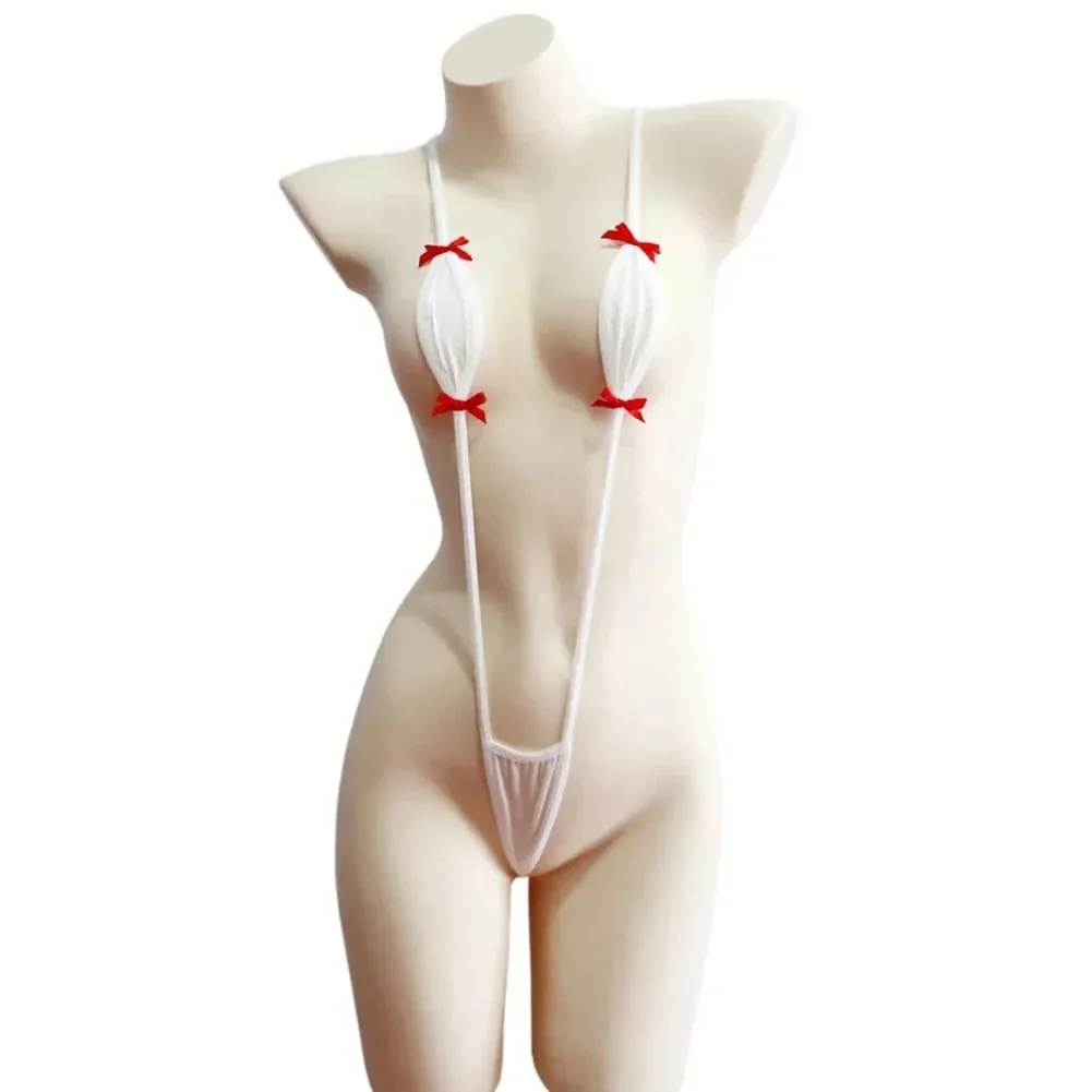 Adjustable Belt Mini-Bikini Lingerie with Suspenders Kawaii Bow-Knot Detail Sexy Erotic Swimsuit Jumpsuit for Women