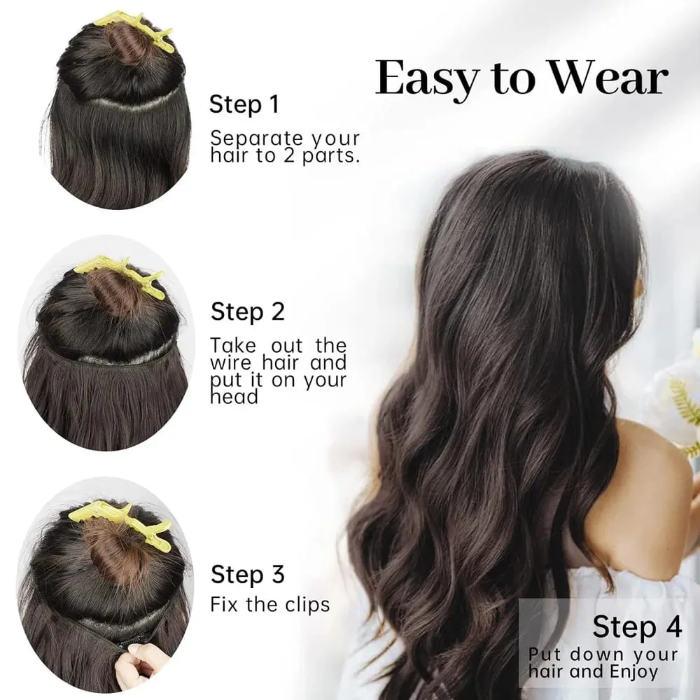 Black Halo Hair Extensions with Invisible Wire Adjustable Size 22inch Long Synthetic Wavy Curly Hairpieces for Women No Clip — image 6
