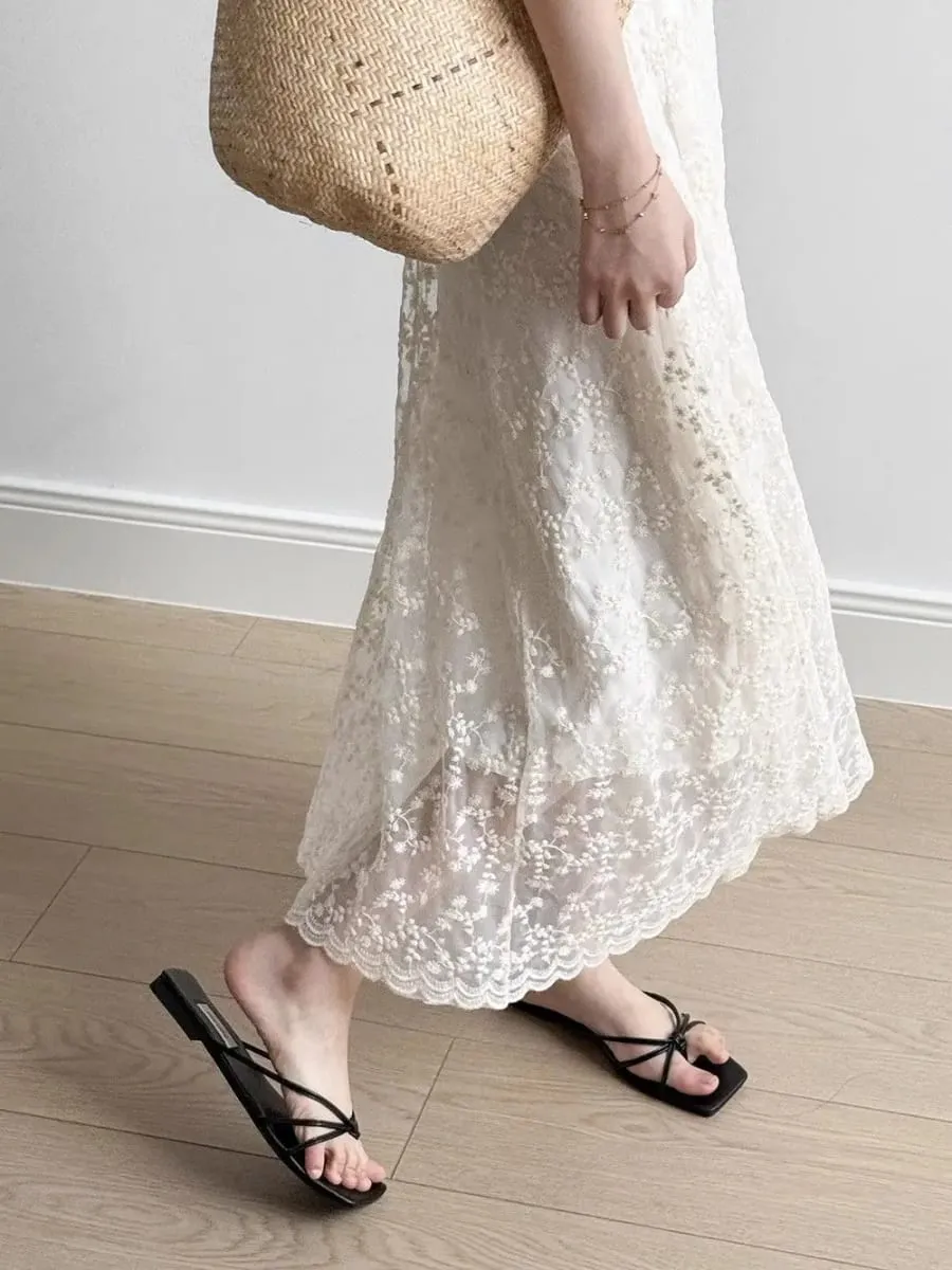 Lace Sling Dress Women Summer New Embroidered Sweet Simple Basic Party Elegant Female Sleeveless Long Dress — image 7