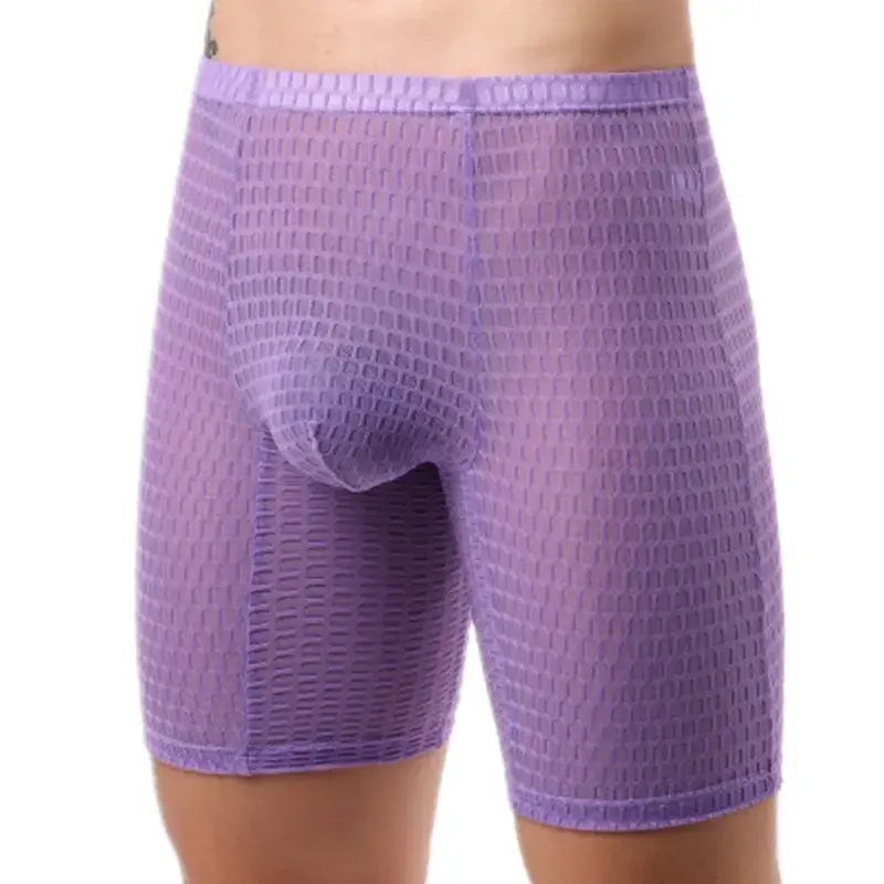 Mens Boxer Shorts Transparent Mesh Underwear Man Lace Panties Solid Breathable U Convex Pouch Underpants Cueca Calzoncillo M-XXL