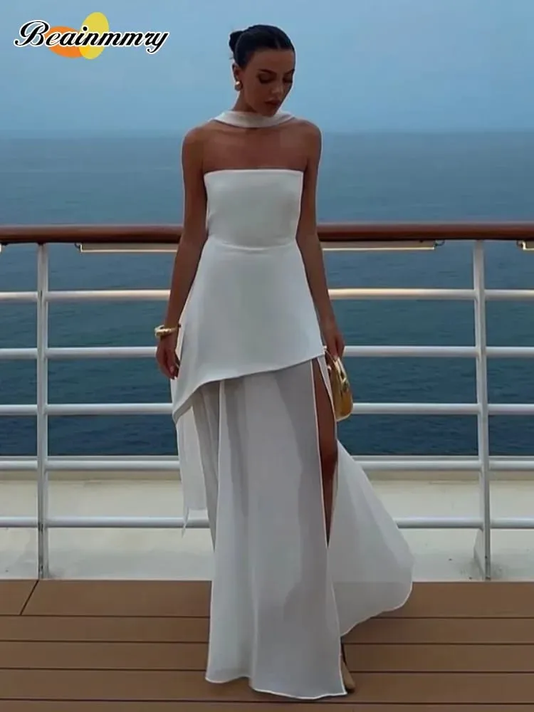 Elegant White Mesh Splicing Slim Women Strapless Dress Chic Scarf Neck Off Shoulder High Waist Long Dresses Lady Party Robes — image 1