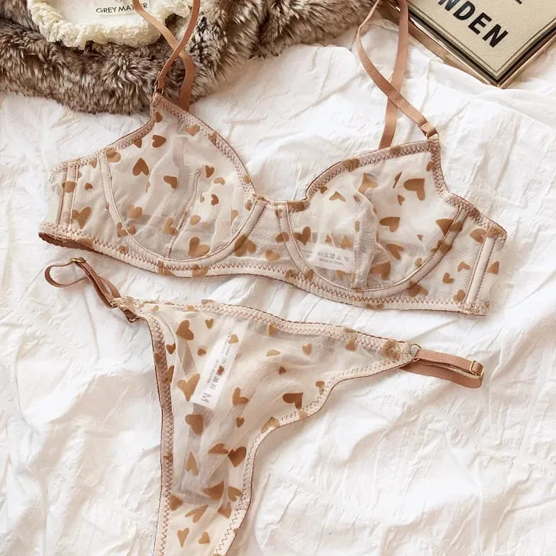 2 Pieces Lingerie Set Sexy Ultra Thin Breathable Brassiere for Women Push Up Bra Set Summer Mesh Romantic Peach Heart Intimates — image 16