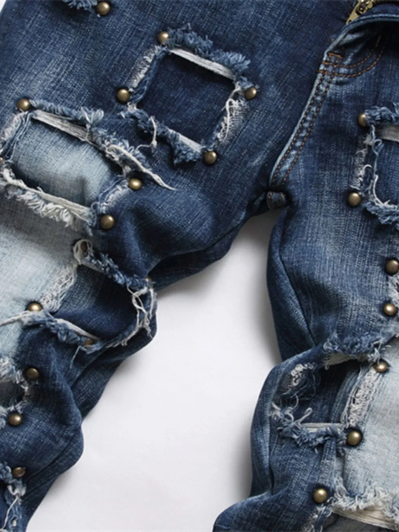 New punk men's jeans with nail beads multiple holes patchwork beggar style men's fashion street personality small straight — image 6
