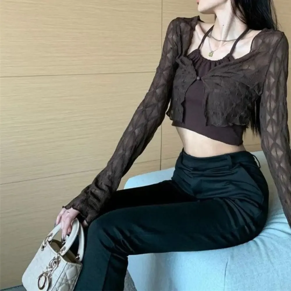 DIY Thin Sun-proof Cardigans New Slim Solid Color Camisoles Casual Long Sleeve Short Top Summer — image 2