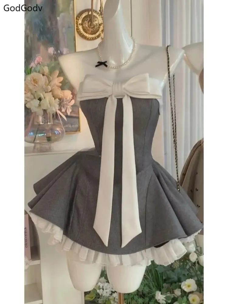 Summer New Vintage Elegant Woman Dress Strapless Bow Patchwork High Waist Puffy Mini Dress Female French Chic Sexy Outfits 2025 — image 2