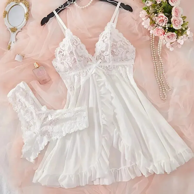 Women's Sexy Lingerie Dress Thin Style G-string Contrast Lace Ruffle Trim Lingerie Set Deep V Slip Thong Lencería Mujeres — image 8