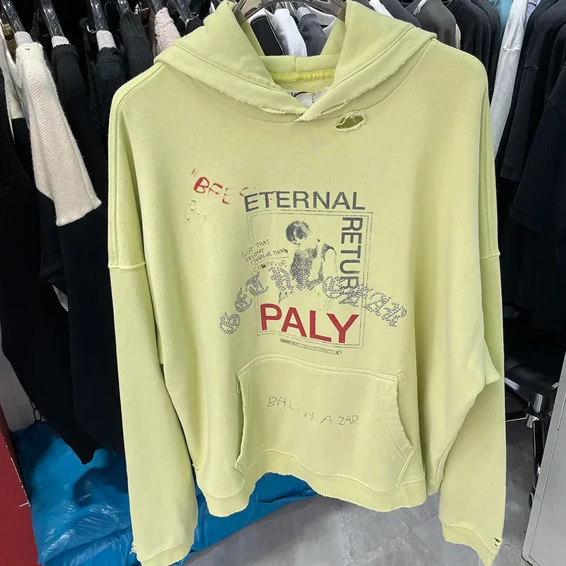 Nieuwe Oversize PALY Hoodies Heren Vrouw Gewassen Zwart Beschadigd Beste kwaliteit Casual Vintage Vest Zip Sweatshirts