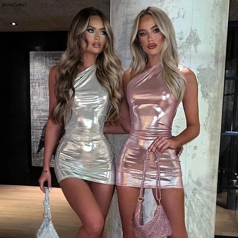 Sexy One Shoulder Bodycon Dresses For Women Solid Irregular Skinny Mini Dress Female Party Nightclub Buttocks Short Gown Vestido — image 1