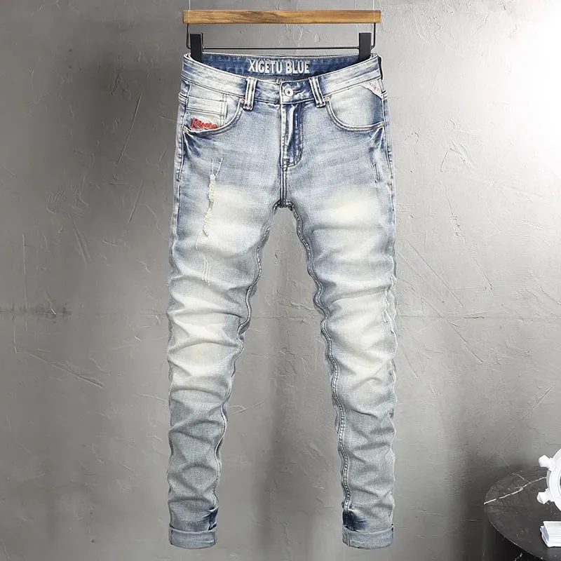 Designer Fashion Men Jeans High Quality Retro Light Blue Stretch Slim Fit Ripped Jeans Men Y2K Embroidery Vintage Denim Pants