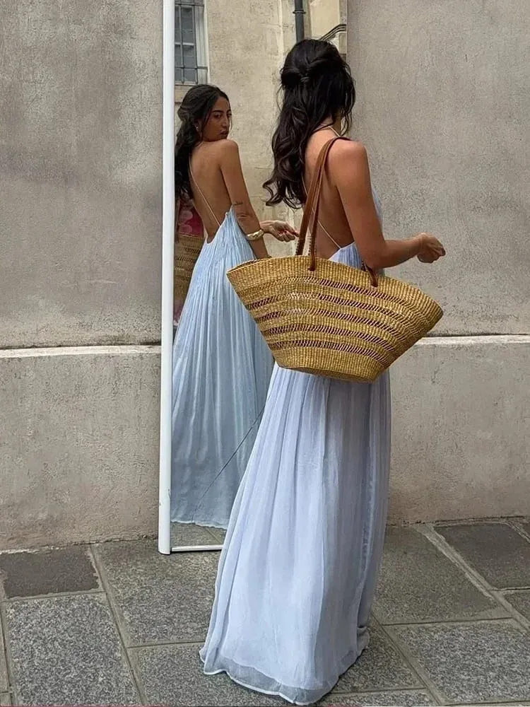 Chic Blue Pleated Backless Long Dress Women's Elegant Loose Hem V-neck Spaghetti Strap Dresses 2026 Lady Summer Beach Vestidos