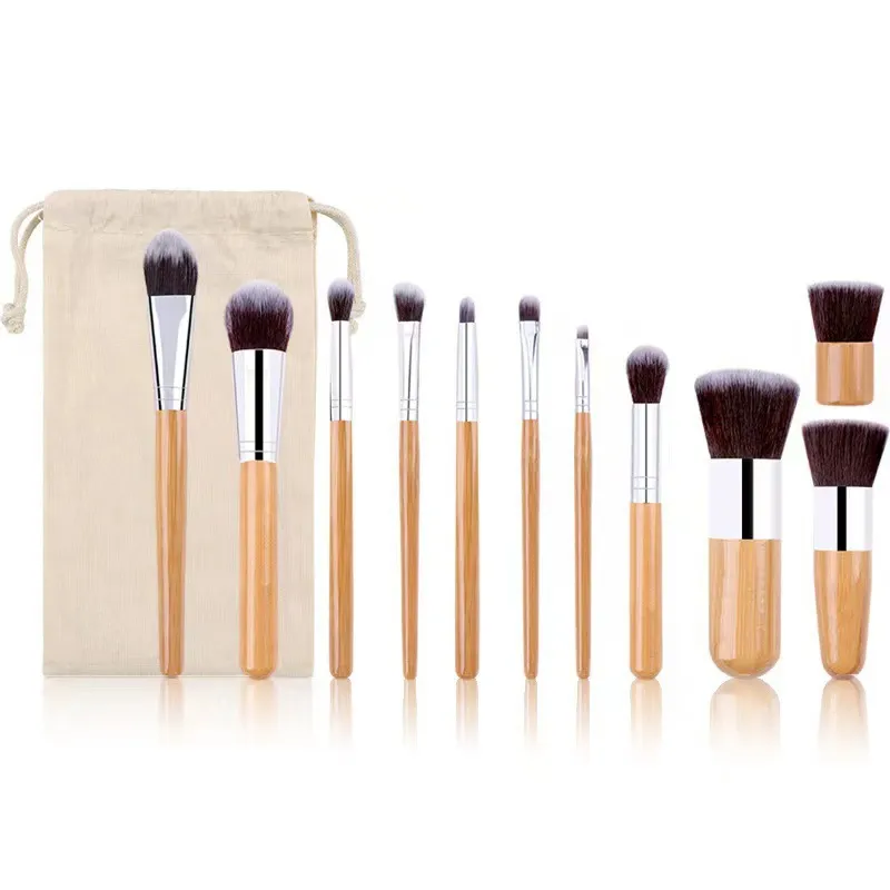 11 Pcs/Set Natural Bamboo Handle Makeup Brushes Set Professional Foundation Blending Brush Cosmetic Make Up Tool With Cotton Bag — image 2