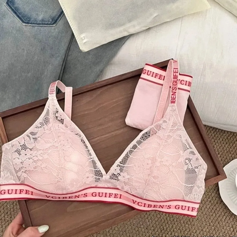 Confortável carta design lingerie conjunto profundo v sem fio roupa interior feminina terno renda cor bloqueando sutiã calcinha conjunto menina