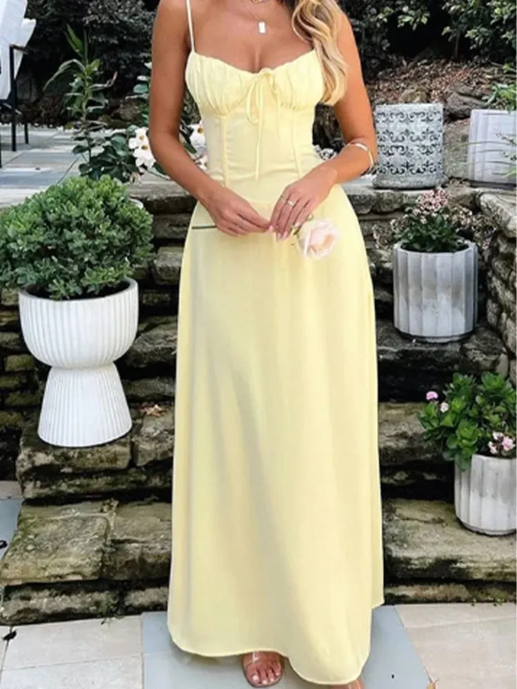 V-neck Sleeveless Camisole Solid Color Lace Up Women's Dress Fashionable Street Vacation Elegant Style Summer Dresses — image 1