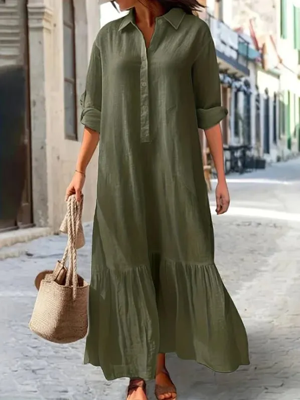 Cotton Linen Long Dress Women Long Sleeve Button Solid Color Casual Ruffles Loose Dresses Spring Autumn Comfortable Shirt Dress — image 9