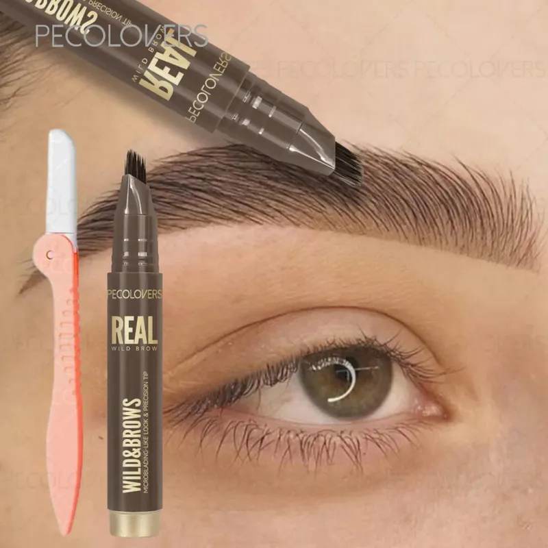 2PCS/SET 3D Wild Waterproof & Sweatproof Eyebrow Pencil &eyebrow Razor Mult Split Tip Eyebrows Pen Eyebrow Portable for Travel