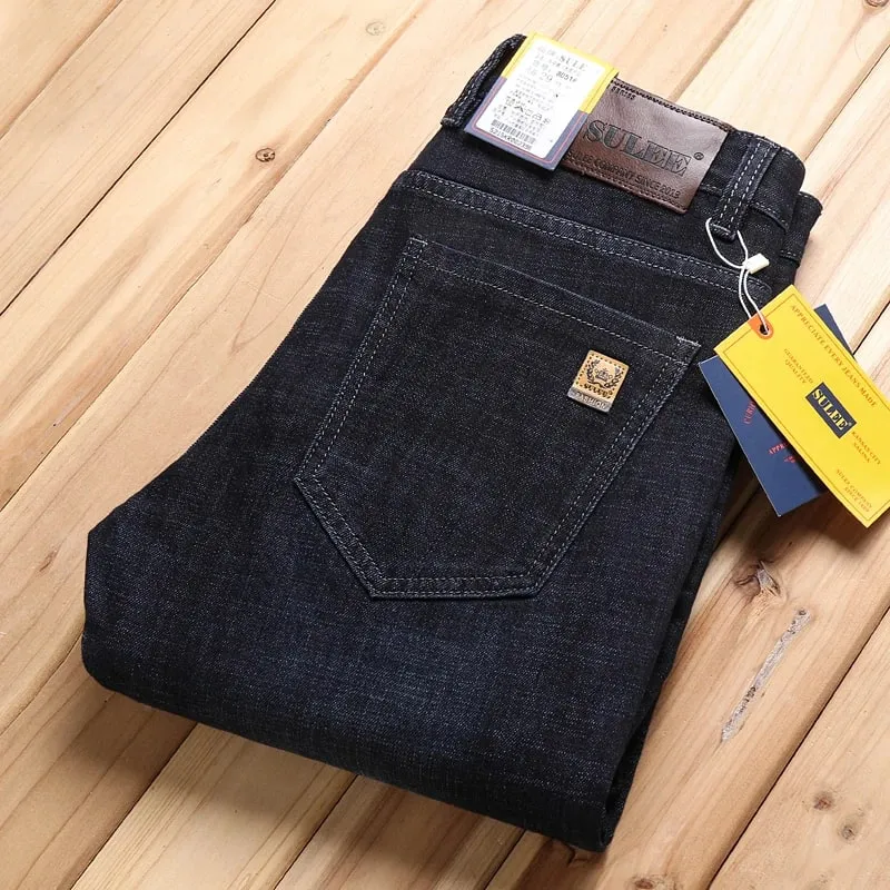 New High Quality Jeans Men's Business Casual Straight Denim Pants Stretch Fashion Classic Work Trousers Blue Black Male — image 2