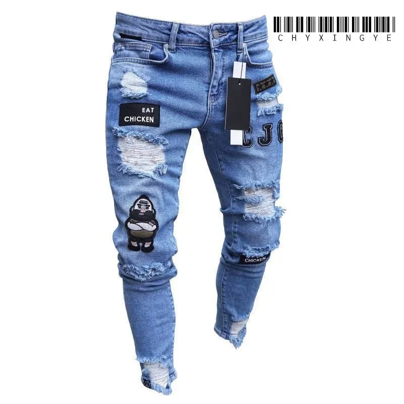 2023 White Embroidery Skinny Ripped Jeans Men Cotton Stretchy Slim Fit Hip Hop Denim Pants Casual Jeans for Men Jogging Trousers — image 2