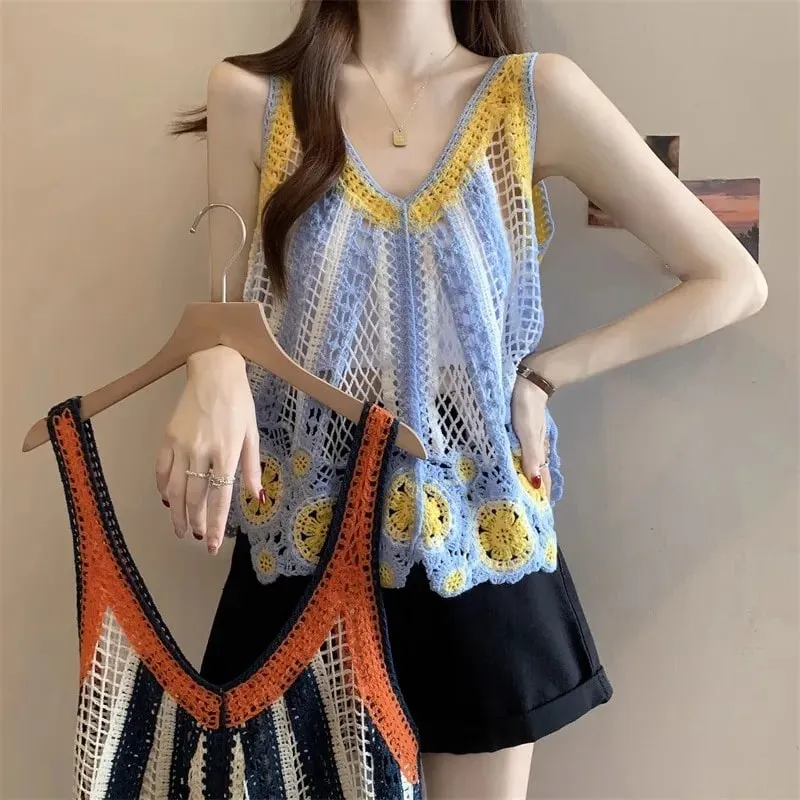 Embroidered Crochet Tank Top for Women Sheer Openwork Pointelle Knit Camis Summer Beach Bohemian Outfit — image 3