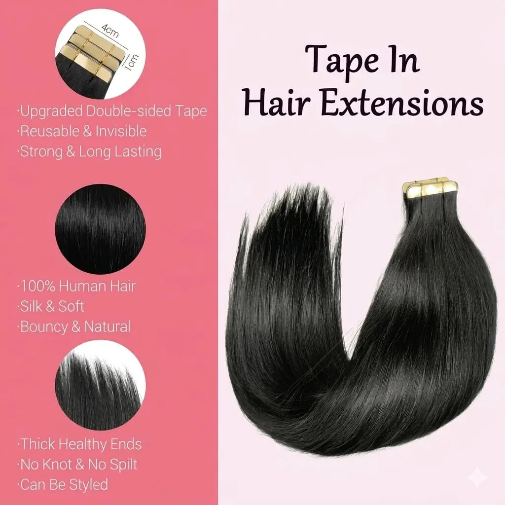 Tape In Real Human Hair Extensions Straight 18 24 Inch 1B Natural Black 50g/pack Color Invisible Seamless Skin PU Weft Tape Ins Extension For Women — image 6