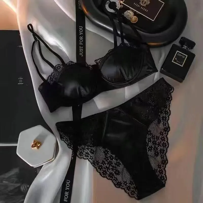 Europäisch-amerikanisches sexy Satin-Halbschalen-Unterwäscheset mit bequemer oberer Stützung, dünn, mit glänzendem Stahlring und grünem Spitzenrand — image 9