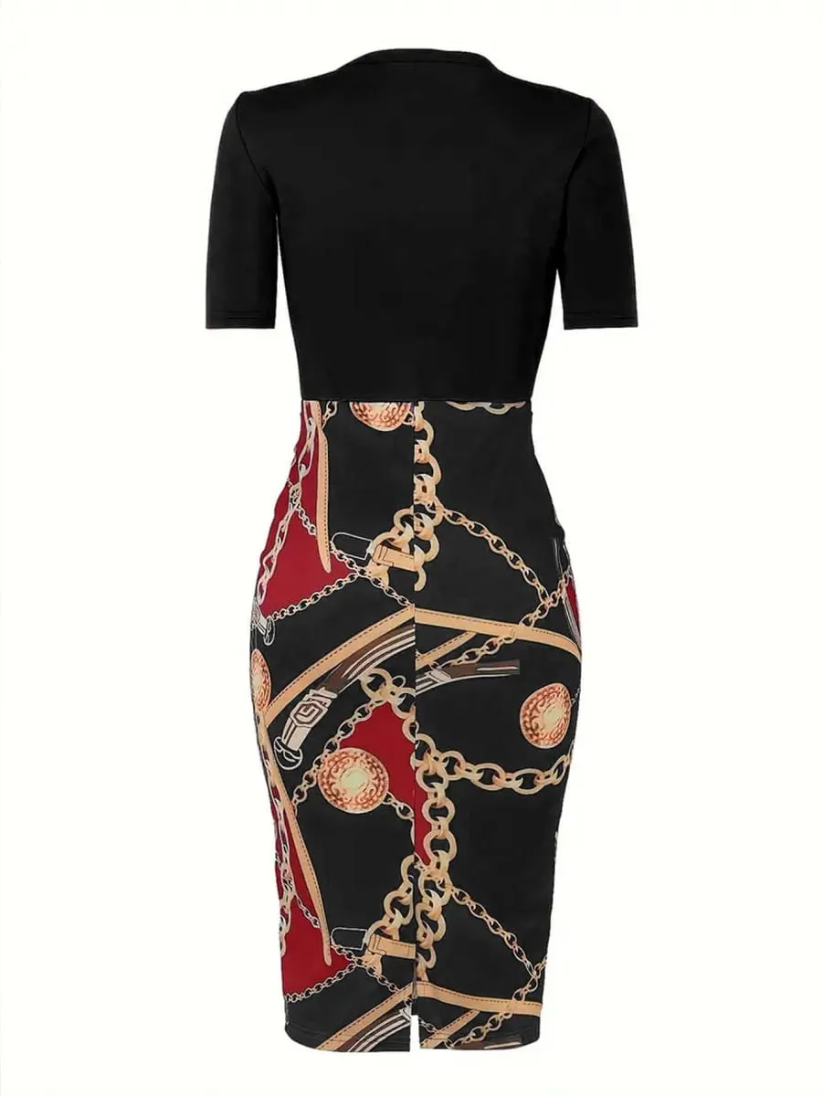 Commuter wrap-around dress Women's Colorblock Chain Print Short Sleeve Round Neck Slight Stretch Slim Fit Mini Dress With Belt — image 4