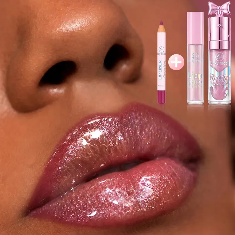 Lucky Model Lip Makeup Kit Lip Liner Pencil&Shimmer Lip Gloss Set Moisturizing Glitter Lip Gloss Long Wear Lip Line Pen — image 5