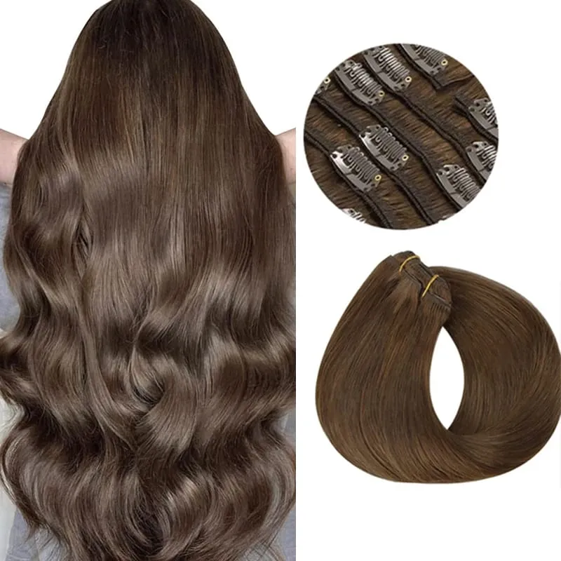 Sunmofavo Clip In Human Hair Extensions Straight Natural Light Brown Honey Ombre Balayage Black Hair Pieces For Women Full Head