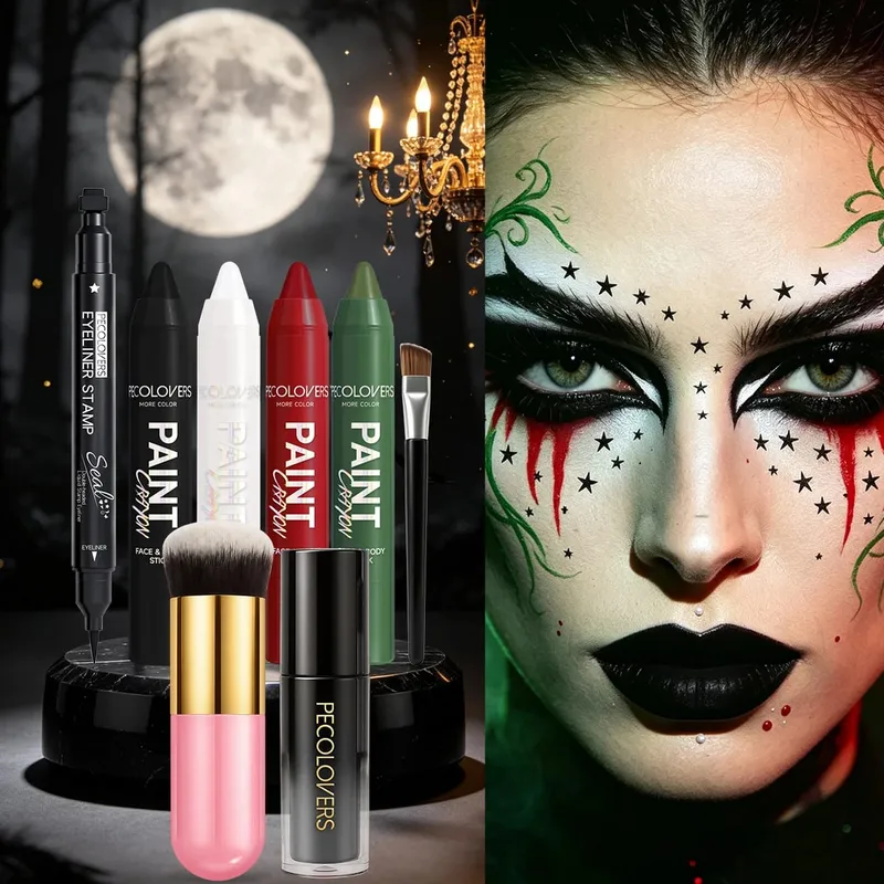 8PCS Halloween Gothic Facial Body Painting Suit Multi-color Paint Pen Star Eyeliner Pen Black Lipstick and Two Makeup Brushes — image 5