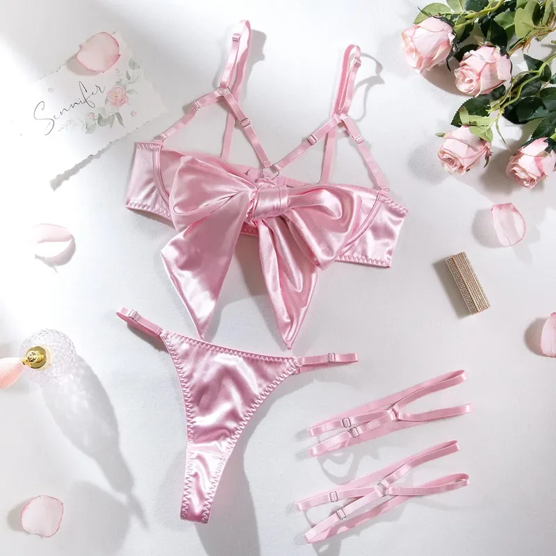 Sexy Solid Stain Lingerie Set Women's Hollow Out Bow Lace Up Exotic Apparel Suit Pure Desire Style Uniform Underwear Bra & Brief — image 10