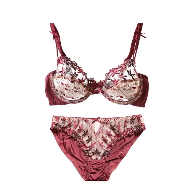 Pure Desire Victoria Thin Bra Set Lace Mesh Red Beautiful Back Sex Underwear Hold Up with Underwire Transparent Bra Woman