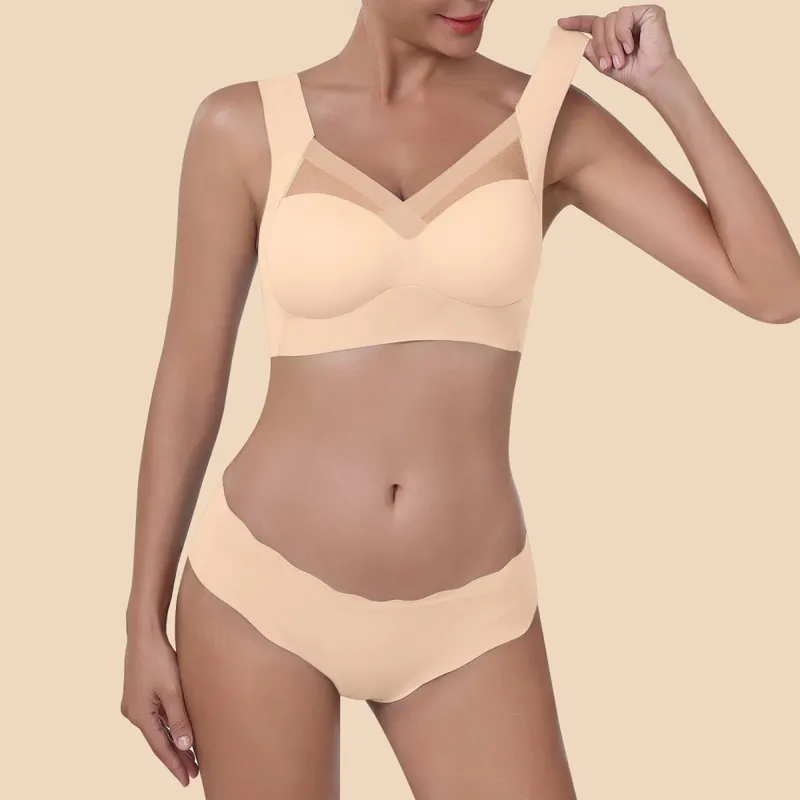 Set di biancheria intima senza cuciture da donna Set di t-shirt di bellezza con retro sottile in seta di ghiaccio senza fili e set di slip lisci. Abiti di lingerie in tinta unita — image 9
