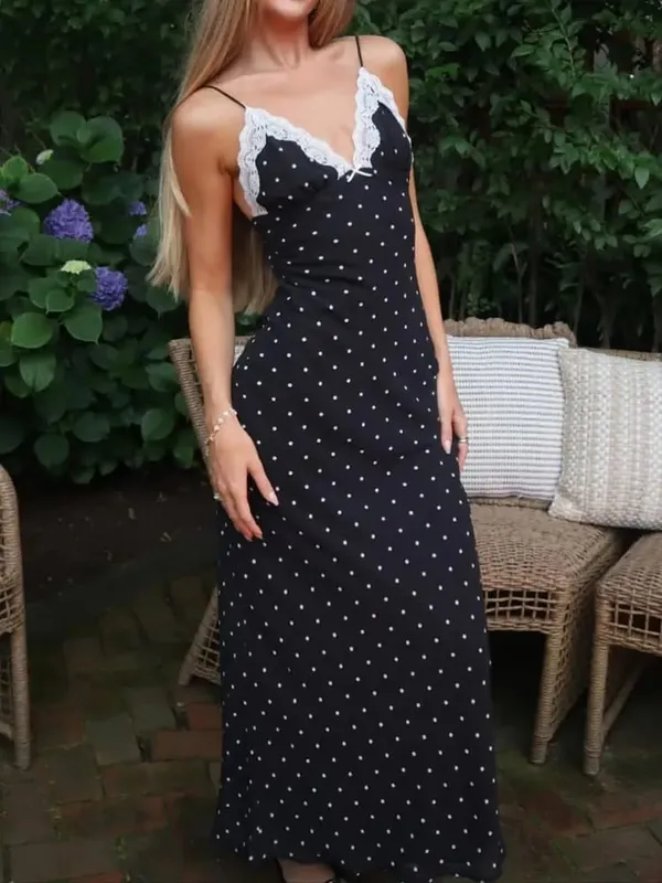 Tossy Lace V-Neck Patchwork Maxi Dress Women Backless High Waist Slim Spaghetti Contrast Party Dress Female Spring Long Dress — image 3