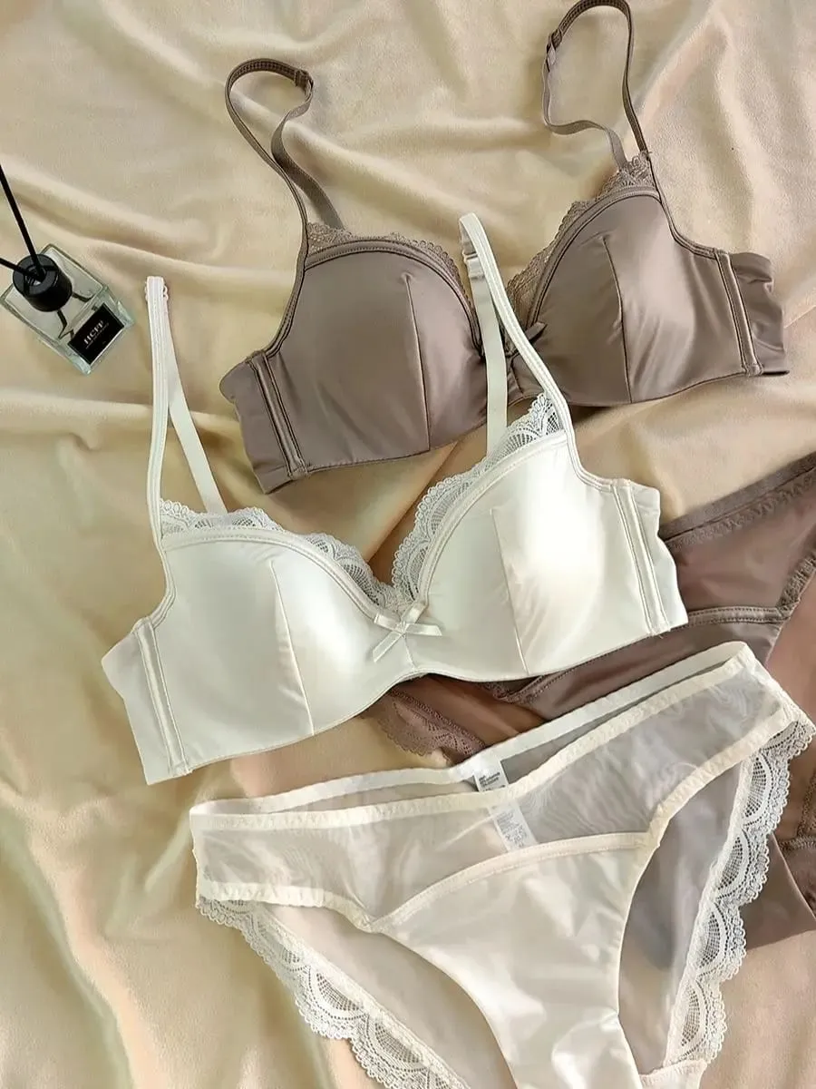 French Thin Cup Lingerie Set Sexy Lace Bras High Quality Women Underwear Wireless Push Up Brassiere Breathable Bras Panties Set — image 1